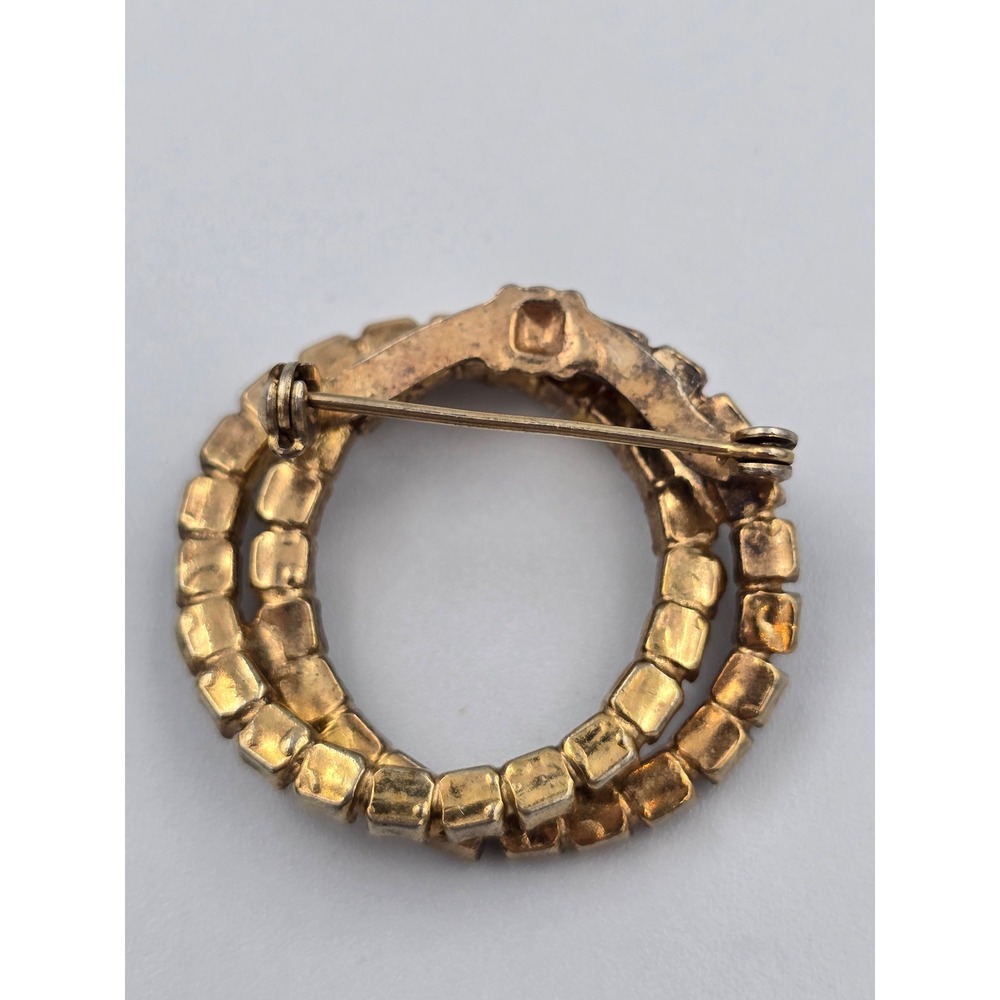 Vintage Gold Tone Interlocking Double Circle Rhinestone Brooch Pin Red Clear - Picture 4 of 6